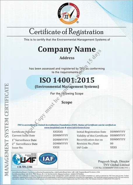 Sample ISO 14001 Certificate