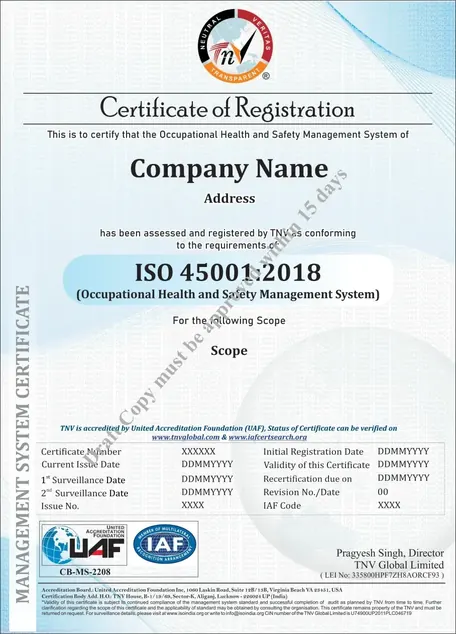 Sample ISO 45001 Certificate