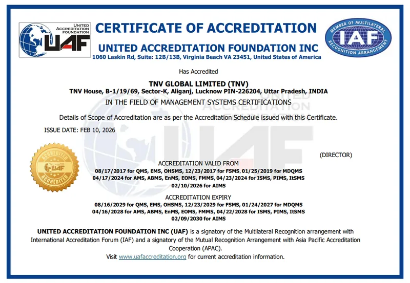 TNV Global Limited accreditation certificate issued by United Accreditation Foundation Inc